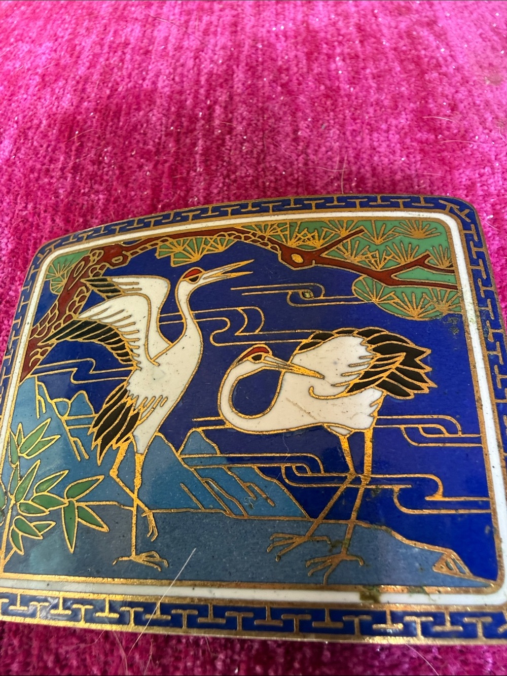 Vintage Cloisonné Enamel Crane Belt Buckle Asian Design 3.75”